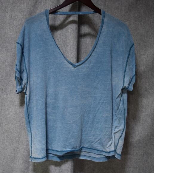 Free People We The Free Blue Raw Hem Deep V Neck Tee Womens Small - Picture 1 of 4